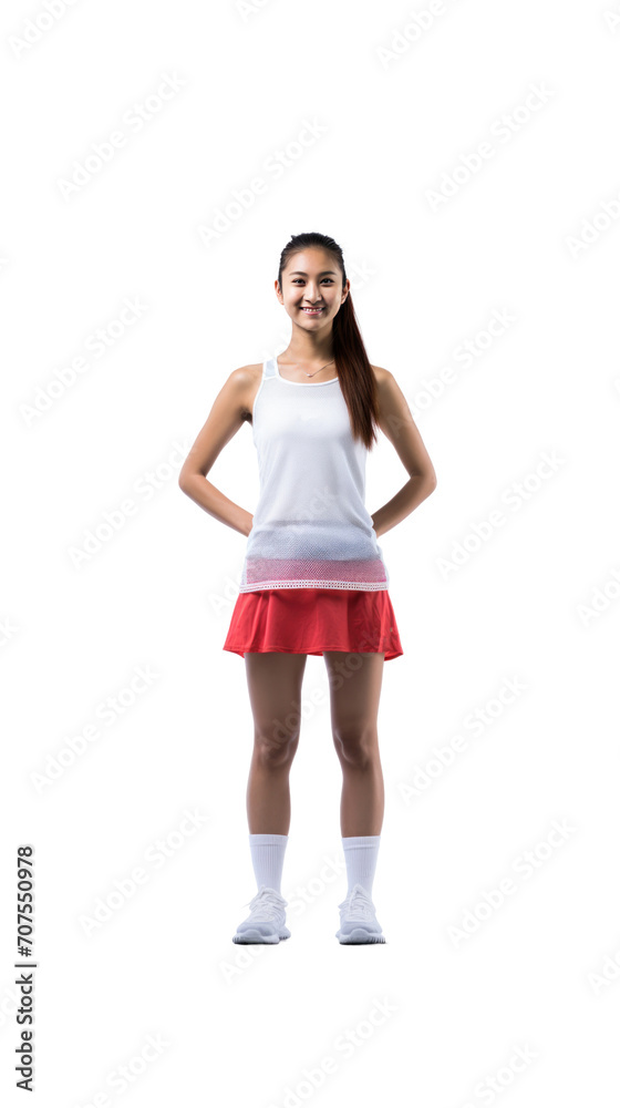 Female badminton player standing looking at camera, isolated, full body, transparent background. Female badminton player standing looking at camera, isolated, full body, transparent background.
