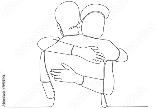 Continuous line drawing of cheerful friends embracing each other. Two young men hug each other. Felt happy friends meeting with hug isolated on white background. hug. embrace. Vector
