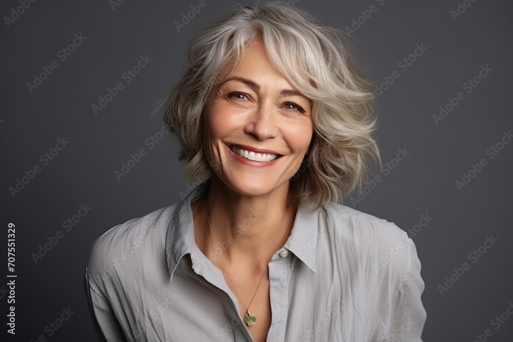 Portrait of a happy senior woman smiling at the camera over grey background Portrait of a happy senior woman smiling at the camera over grey background