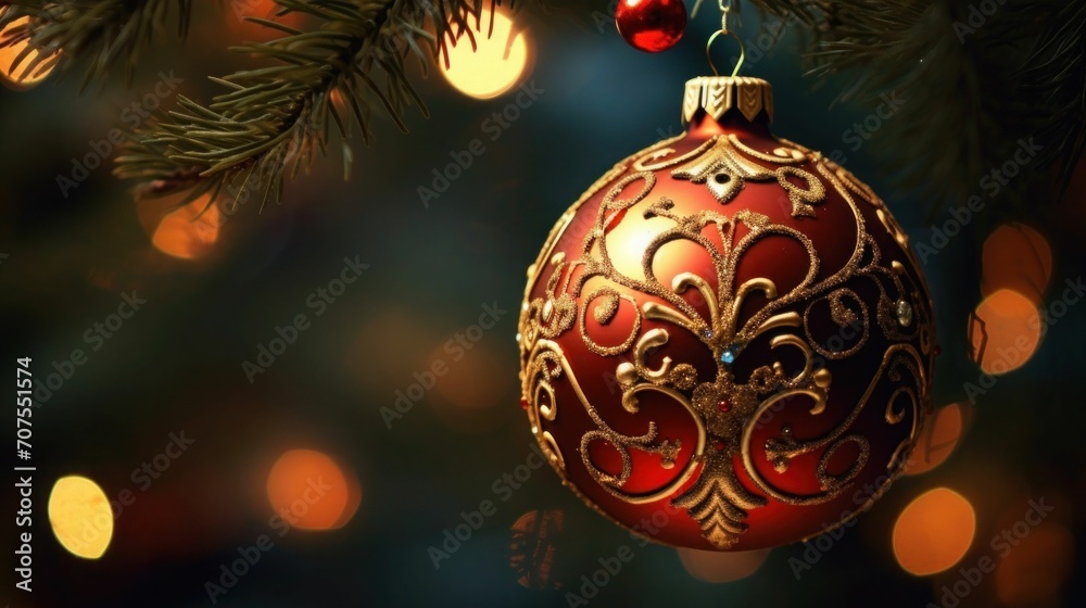 christmas ornament hanging from a tree with lights in the background christmas ornament hanging from a tree with lights in the background