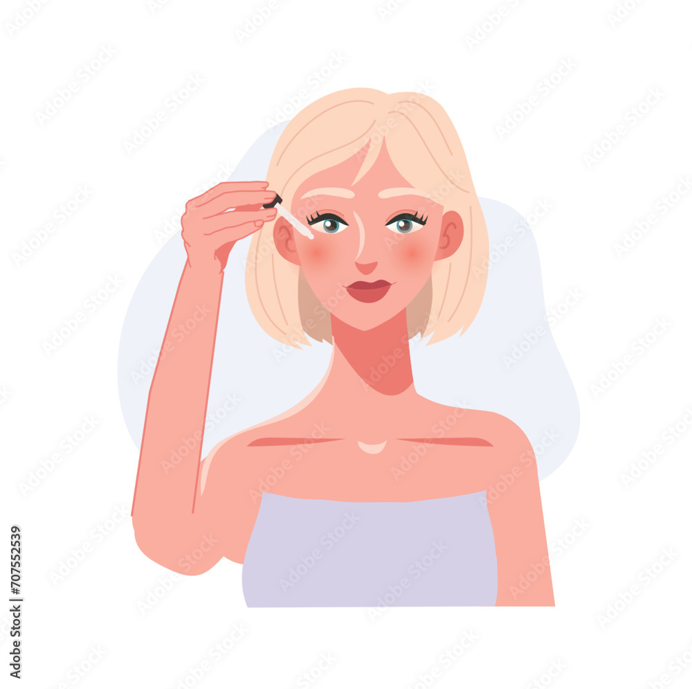 Skincare Concept. Skincare Routine with Skin Serum. Woman with Dropper, Applying Hydrating Skin Serum Skincare Concept. Skincare Routine with Skin Serum. Woman with Dropper, Applying Hydrating Skin Serum