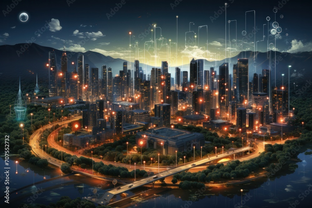 Smart city with connection design, big data connection and  technology concept.