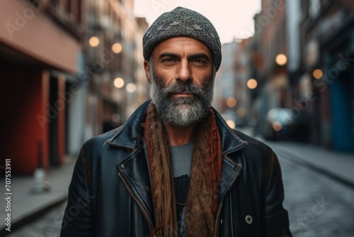 Portrait of a bearded man with a gray beard in a hat and a leather jacket on a city street.