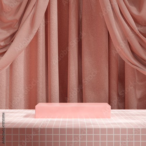 pink color block shape podium in square curtain fabric and tiled floor, 3d rendering blank mockup
