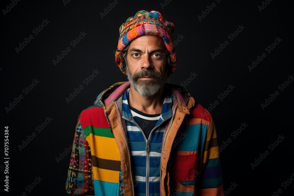 Portrait of a bearded hipster man in a colorful jacket and hat on a black background.