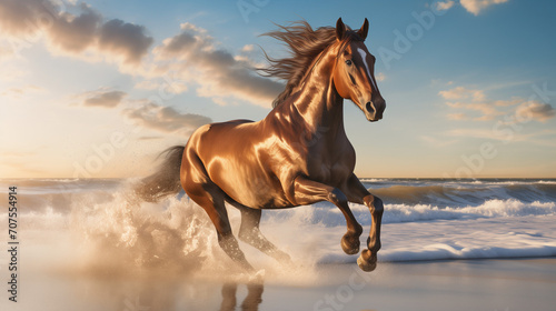 horse running in freedom at the beach, brown horse galloping free at the beach