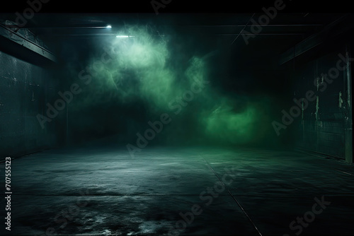 Neon-Lit Dark Street Scene: Night View with Smoke and Spotlights on Asphalt - Atmospheric Studio Room Background
