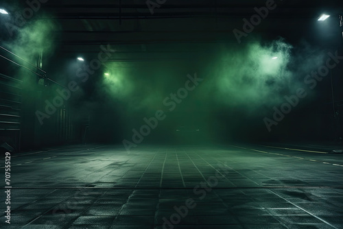 Neon-Lit Dark Street Scene  Night View with Smoke and Spotlights on Asphalt - Atmospheric Studio Room Background