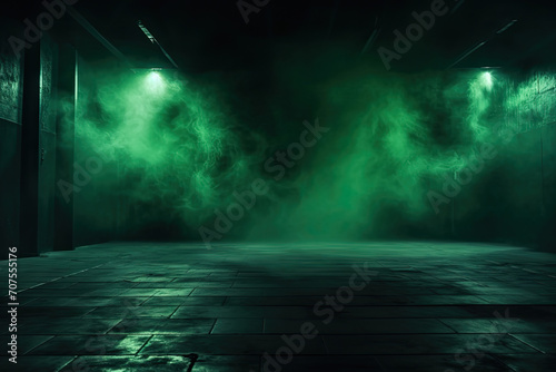 Neon-Lit Dark Street Scene  Night View with Smoke and Spotlights on Asphalt - Atmospheric Studio Room Background