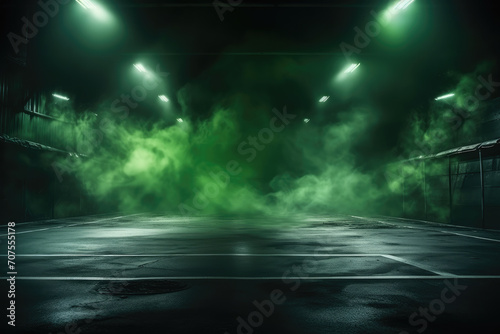 Neon-Lit Dark Street Scene  Night View with Smoke and Spotlights on Asphalt - Atmospheric Studio Room Background