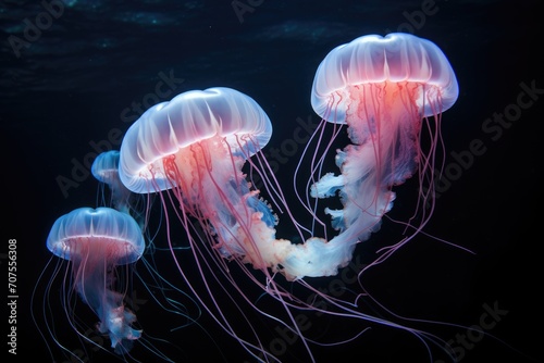 Jellyfish Ballet: Graceful jellyfish floating in a delicate dance. © OhmArt