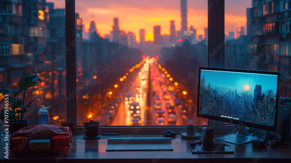 Computer desk with window view of city skyline. 