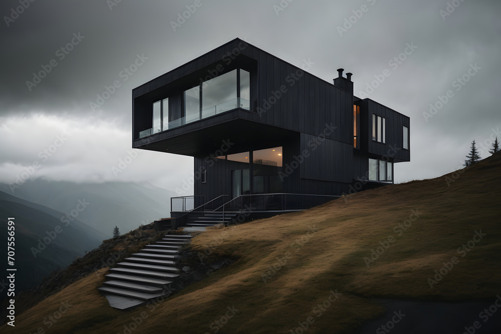 Beautiful modern home, dark modern home on mountain top, fall weather Beautiful modern home, dark modern home on mountain top, fall weather