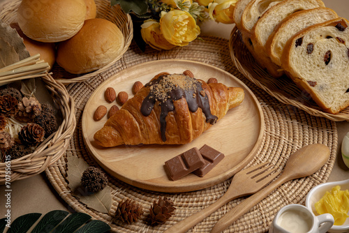 Chocolate Croissants on a wooden plate