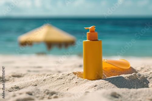 Sunscreen lotion on the beach with umbrella background. Sun protection concept