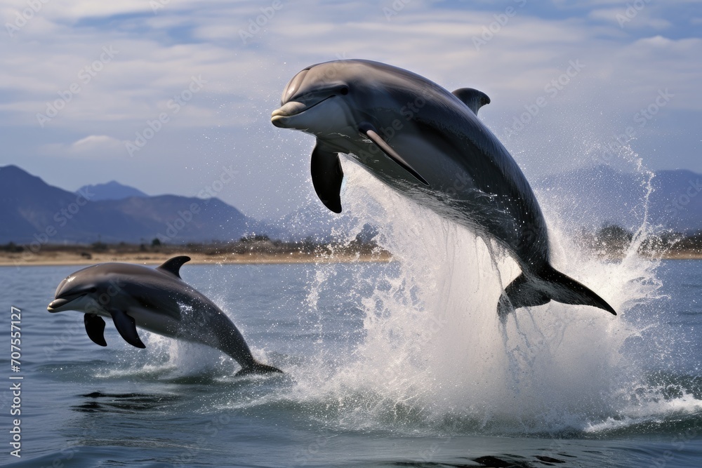 Obraz premium Dolphin Pod Play: Playful dolphins leaping and splashing.