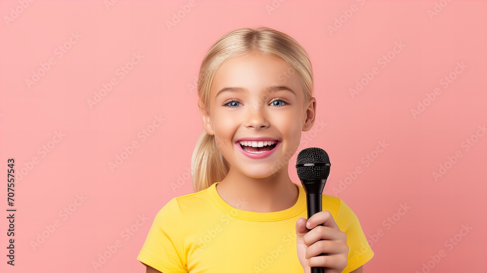 Blonde girl singing, Funny little kid girl singing isolated on pink background, Childhood lifestyle concept. Mock up copy space. Sing song in microphone rising hand Blonde girl singing, Funny little kid girl singing isolated on pink background, Childhood lifestyle concept. Mock up copy space. Sing song in microphone rising hand