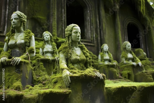 Sunken Statue Garden: Statues covered in algae, creating an underwater art garden.