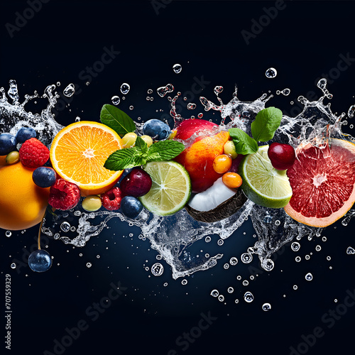 fruit in splash on black background