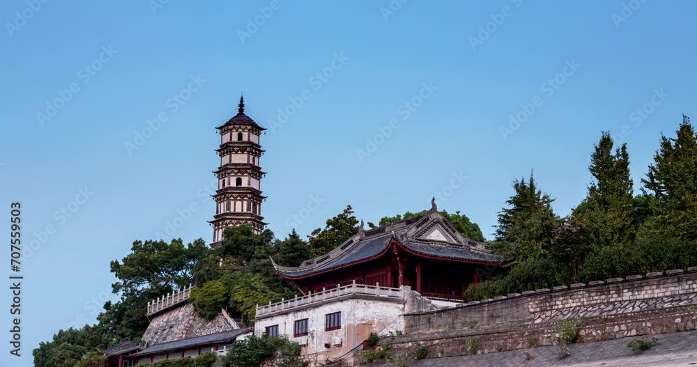 time lapse of the ancient pagoda in nightfall,  Jiujiang city, Jiangxi province, China.