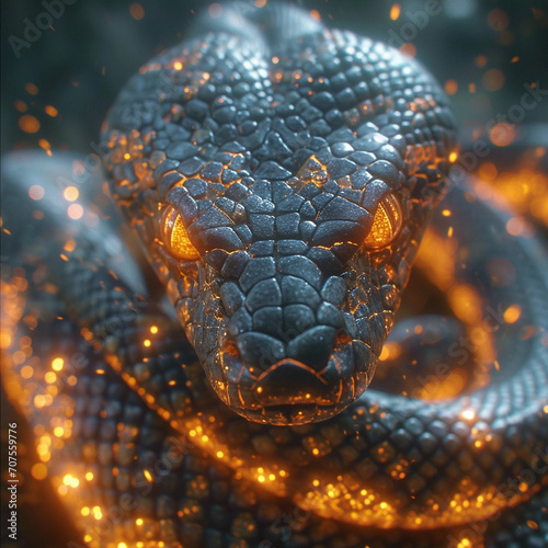Closeup of a Fiery Gold and Black Coiled Snake