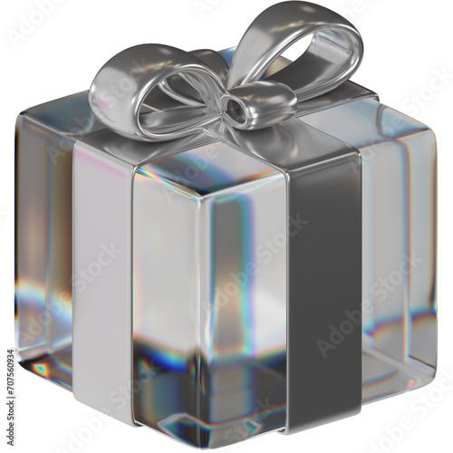 Vászonkép 3d rendering glassy a gift box with metallic silver ribbon and bow