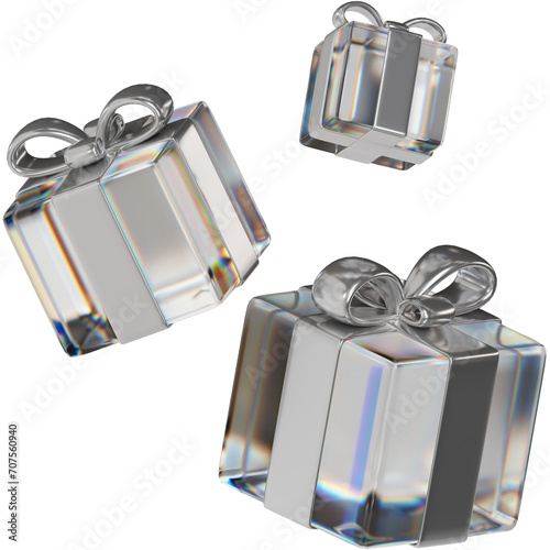Billede på lærred 3d rendering glassy gift boxes with metallic silver ribbon and bow for present, birthday, or wedding banner
