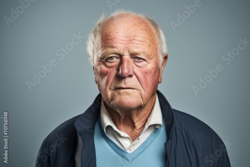Portrait of a senior man with wrinkles on his face against grey background © Inigo