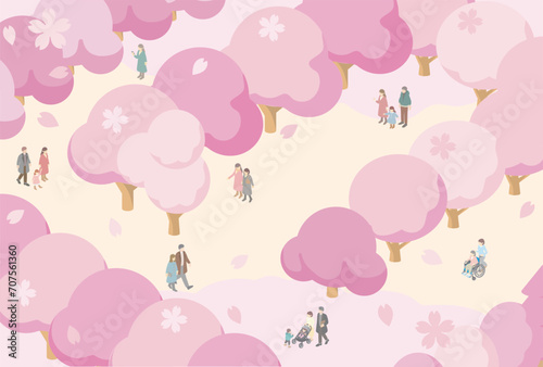 フレーム アイソメトリック 人物 家族 子供 春 お花見 さくら 桜 背景 イラスト素材