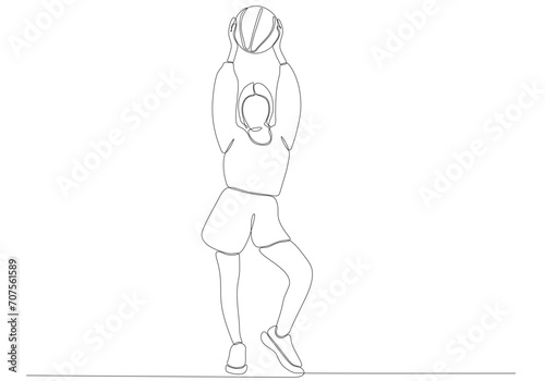 Continuous line art of woman playing basketball