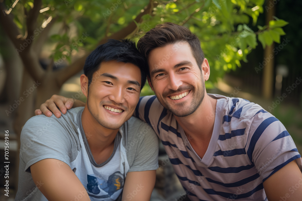 Φωτογραφία gay couple of asian and white men sitting in a park, nature, valentine, hugging