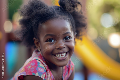 portrait of a smiling black girl happy child wearing colorful clothes, intense looking, on a playground, closeup shot of a young african american outdoors, curiousity, sunlight, golden hours, laughing
