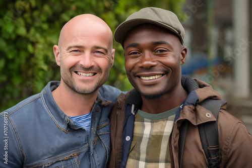 gay couple of black and white men in their thirties, standing outdoors, bald wearing cap, hugging smiling, bearded, african, cute, love, boyfriends, happy, complicity, partners, diversity