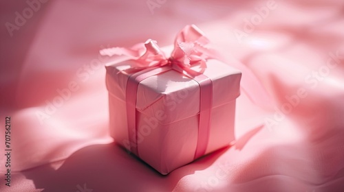 Pretty pink gift box with ribbon on a pastel pink background. Valentine's day concept.