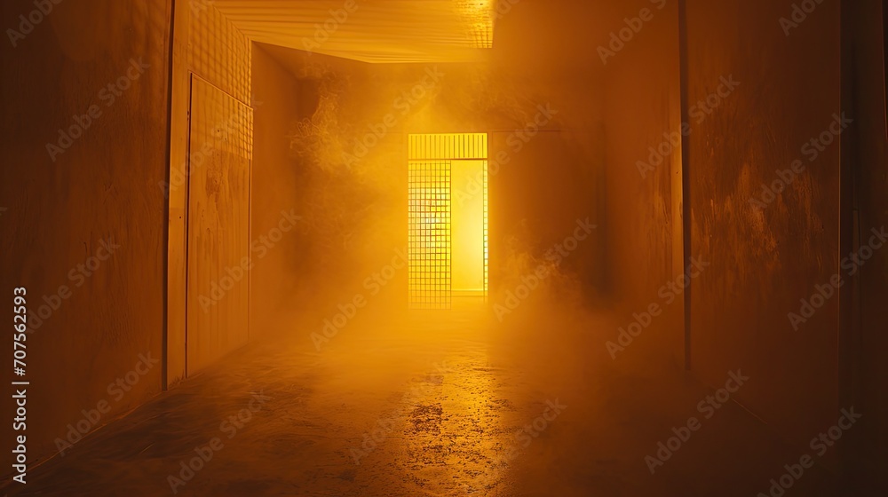 An empty yellow indoor with sunbeam on the center and abstract mist filled the room. An empty yellow indoor with sunbeam on the center and abstract mist filled the room.