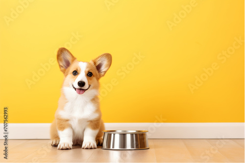 Cute corgi dog sitting near a bowl on yellow background