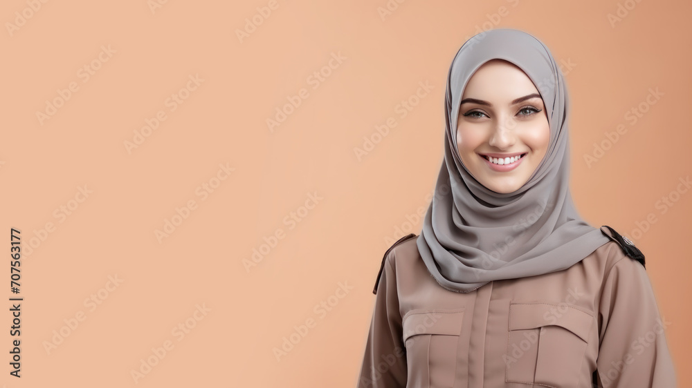 Arab Hijab woman in prison officer uniform isolated on pastel background