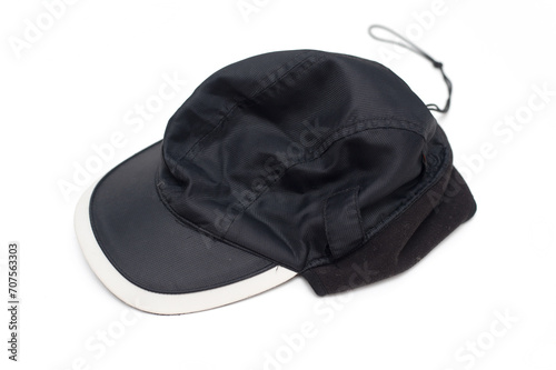 winter warm hat with a visor on a white background.