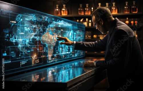 businessman controlling futuristic hologram interface.