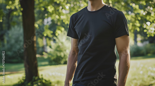 Young Model Shirt Mockup, man wearing black t-shirt in park in daylight, Shirt Mockup Template on hipster adult for design print, Male guy wearing casual t-shirt mockup placement