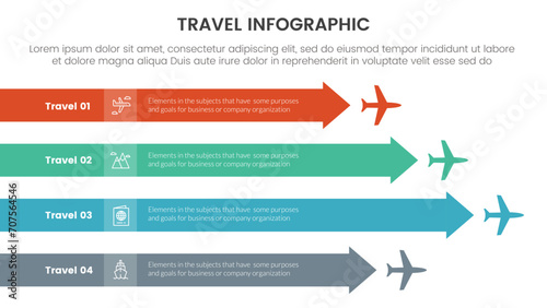 travel holiday infographic with 4 point stage template with airplane flow on rectangle arrow right direction for slide presentation