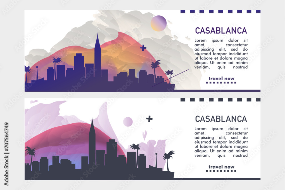 Casablanca city banner pack with abstract shapes of skyline, cityscape, landmark. Morocco travel vector horizontal illustration layout set for brochure, website, page, presentation, header, footer