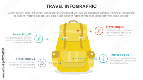 travel holiday infographic with 4 point stage template with big yellow bags and circle point line description for slide presentation photo