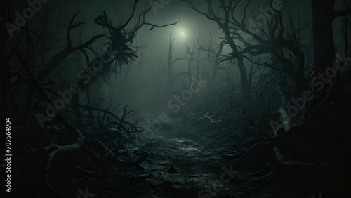 Tendrils of fog encircle a withered eerie hollow clinging to the darkness of night. photo