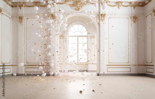 Modern classical style white hall and luxury arch door background with falling confetti backdrop.