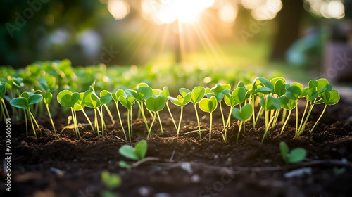 A row of pea shoots in a garden bed, the dawn light showcasing the simple joy of legume gardening photo