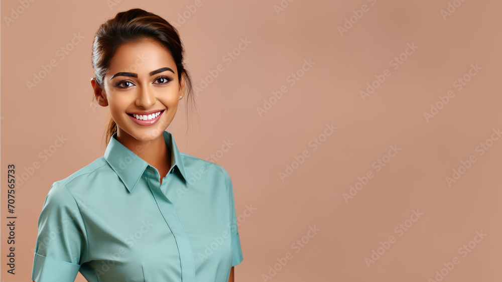 Indian woman in hotel staff uniform smile isolated on pastel background Indian woman in hotel staff uniform smile isolated on pastel background