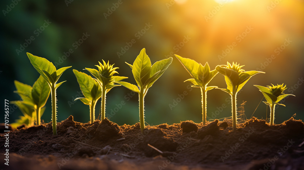 A row of young sunflower plants turning their heads to the morning sun - obrazy, fototapety, plakaty 
