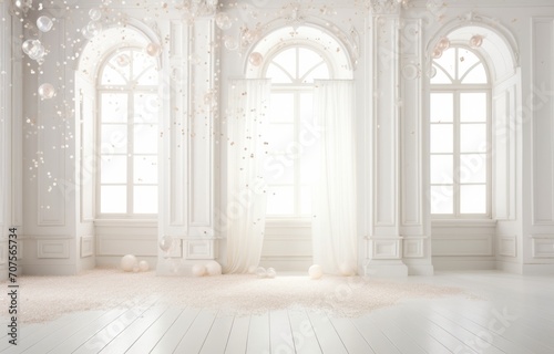 Modern classical style white hall and luxury arch door background with falling confetti backdrop.