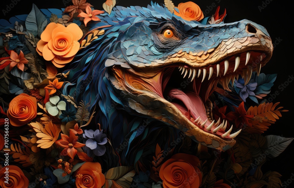 fabric stumpwork embroidery of dinosaur on forest and flowers, fantasy on dark background. Hight detailed fabric stumpwork embroidery. fabric stumpwork embroidery of dinosaur on forest and flowers, fantasy on dark background. Hight detailed fabric stumpwork embroidery.